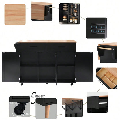 Schwarze Kücheninsel mit Klapptisch & 5 Rollen | Anrichte 129x91,5 cm mit Stauraum & 2 Schubladen | Mobile Esstisch-Garnitur für Esszimmer inkl. verstellbaren Fächern