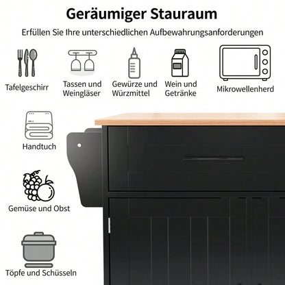 Schwarze Kücheninsel mit Klapptisch & 5 Rollen | Anrichte 129x91,5 cm mit Stauraum & 2 Schubladen | Mobile Esstisch-Garnitur für Esszimmer inkl. verstellbaren Fächern