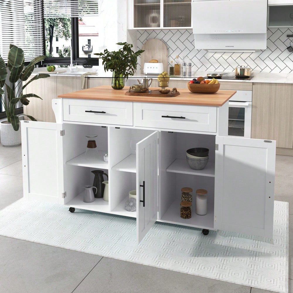 Weiße Kücheninsel mit Klapptisch & 5 Rollen | Anrichte 129x91,5 cm mit Stauschränken, 2 Schubladen & Inneneinlegeböden | Mobile Esstisch-Garnitur für Esszimmer