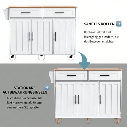 Weiße Kücheninsel mit Klapptisch & 5 Rollen | Anrichte 129x91,5 cm mit Stauschränken, 2 Schubladen & Inneneinlegeböden | Mobile Esstisch-Garnitur für Esszimmer