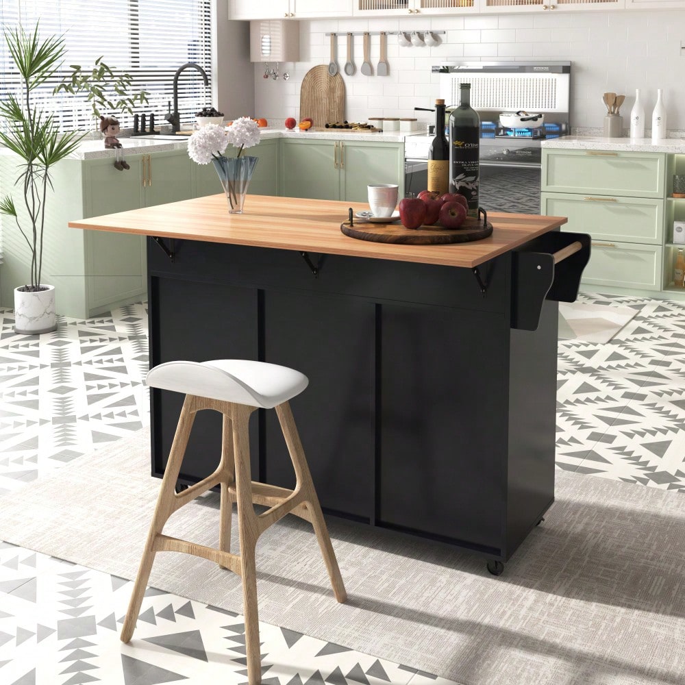 Schwarze Kücheninsel mit Klapptisch & 5 Rollen | Anrichte 129x91,5 cm mit Stauraum & 2 Schubladen | Mobile Esstisch-Garnitur für Esszimmer inkl. verstellbaren Fächern