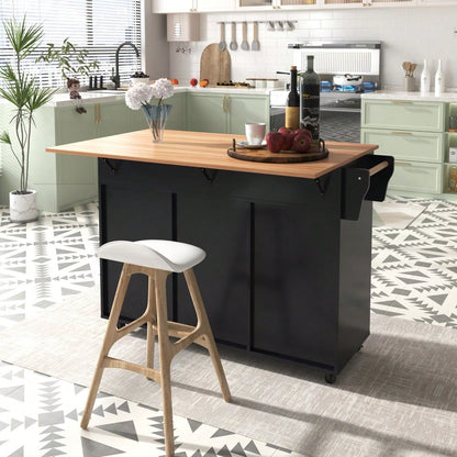 Schwarze Kücheninsel mit Klapptisch & 5 Rollen | Anrichte 129x91,5 cm mit Stauraum & 2 Schubladen | Mobile Esstisch-Garnitur für Esszimmer inkl. verstellbaren Fächern