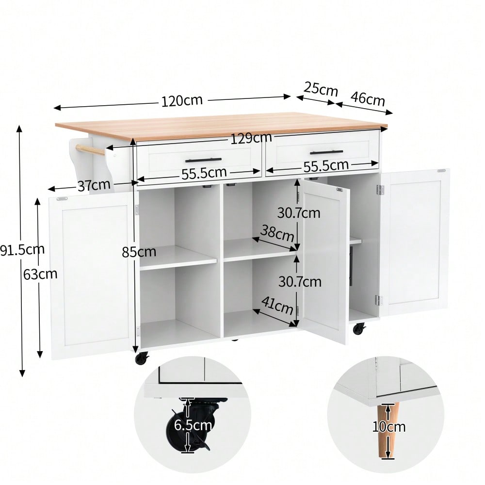 Weiße Kücheninsel mit Klapptisch & 5 Rollen | Anrichte 129x91,5 cm mit Stauschränken, 2 Schubladen & Inneneinlegeböden | Mobile Esstisch-Garnitur für Esszimmer