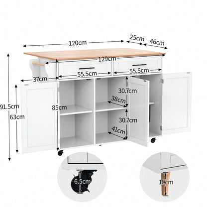 Weiße Kücheninsel mit Klapptisch & 5 Rollen | Anrichte 129x91,5 cm mit Stauschränken, 2 Schubladen & Inneneinlegeböden | Mobile Esstisch-Garnitur für Esszimmer