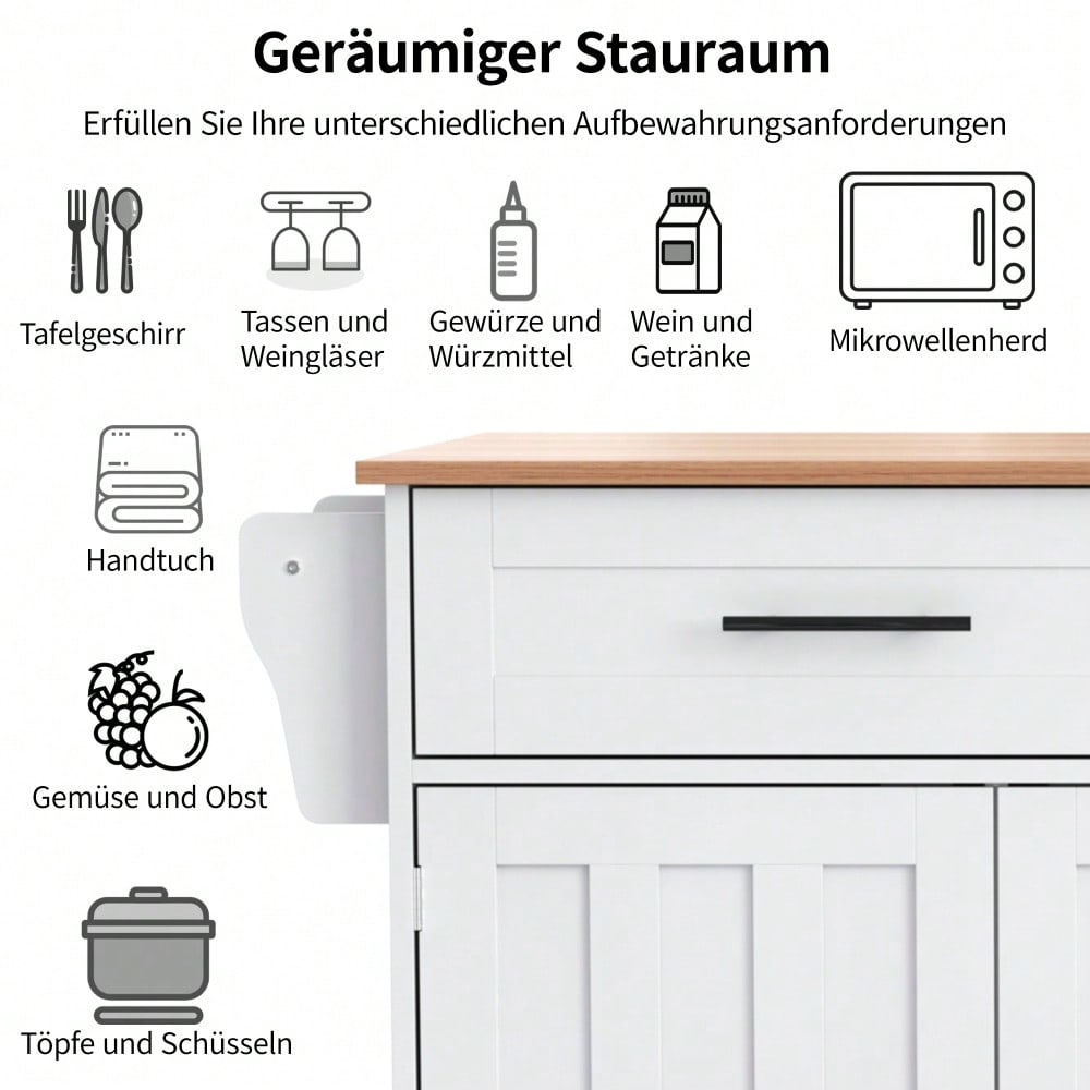 Weiße Kücheninsel mit Klapptisch & 5 Rollen | Anrichte 129x91,5 cm mit Stauschränken, 2 Schubladen & Inneneinlegeböden | Mobile Esstisch-Garnitur für Esszimmer