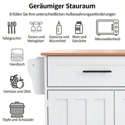 Weiße Kücheninsel mit Klapptisch & 5 Rollen | Anrichte 129x91,5 cm mit Stauschränken, 2 Schubladen & Inneneinlegeböden | Mobile Esstisch-Garnitur für Esszimmer
