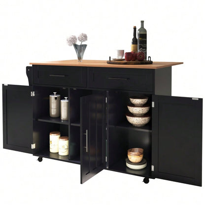 Schwarze Kücheninsel mit Klapptisch & 5 Rollen | Anrichte 129x91,5 cm mit Stauraum & 2 Schubladen | Mobile Esstisch-Garnitur für Esszimmer inkl. verstellbaren Fächern