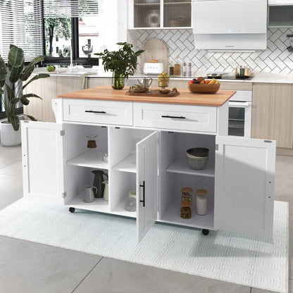 Weiße Kücheninsel mit Klapptisch & 5 Rollen | Anrichte 129x91,5 cm mit Stauschränken, 2 Schubladen & Inneneinlegeböden | Mobile Esstisch-Garnitur für Esszimmer
