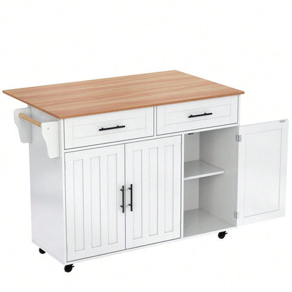 Weiße Kücheninsel mit Klapptisch & 5 Rollen | Anrichte 129x91,5 cm mit Stauschränken, 2 Schubladen & Inneneinlegeböden | Mobile Esstisch-Garnitur für Esszimmer