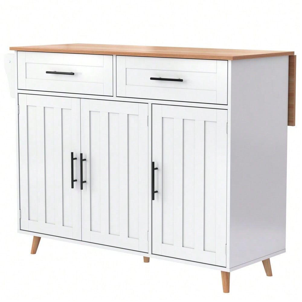 Weiße Kücheninsel mit Klapptisch & 5 Rollen | Anrichte 129x91,5 cm mit Stauschränken, 2 Schubladen & Inneneinlegeböden | Mobile Esstisch-Garnitur für Esszimmer