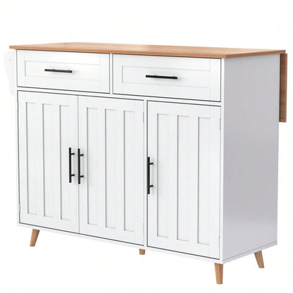 Weiße Kücheninsel mit Klapptisch & 5 Rollen | Anrichte 129x91,5 cm mit Stauschränken, 2 Schubladen & Inneneinlegeböden | Mobile Esstisch-Garnitur für Esszimmer