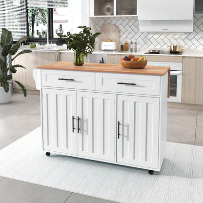Weiße Kücheninsel mit Klapptisch & 5 Rollen | Anrichte 129x91,5 cm mit Stauschränken, 2 Schubladen & Inneneinlegeböden | Mobile Esstisch-Garnitur für Esszimmer