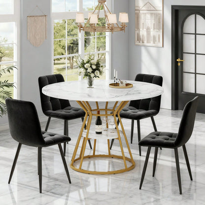 5-teiliges Esstisch-Set mit Marmortisch & Samtstühlen | Tisch 100x76 cm (Ø100 cm) inkl. 4 Stühle | Komplettset für 4 Personen in Schwarz