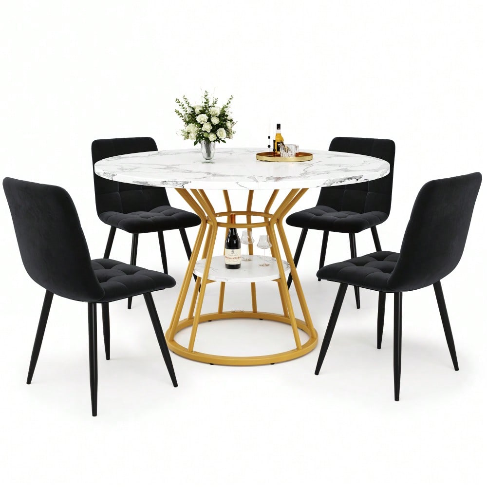 5-teiliges Esstisch-Set mit Marmortisch & Samtstühlen | Tisch 100x76 cm (Ø100 cm) inkl. 4 Stühle | Komplettset für 4 Personen in Schwarz