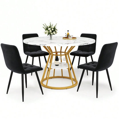 5-teiliges Esstisch-Set mit Marmortisch & Samtstühlen | Tisch 100x76 cm (Ø100 cm) inkl. 4 Stühle | Komplettset für 4 Personen in Schwarz