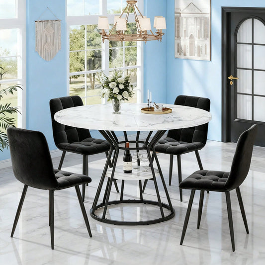 5-teiliges Esstisch-Set mit Marmortisch & Samtstühlen | Tisch 100x76 cm (Ø100 cm) inkl. 4 Stühle | Komplettset für 4 Personen in Schwarz