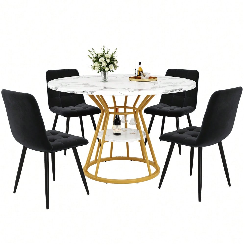 5-teiliges Esstisch-Set mit Marmortisch & Samtstühlen | Tisch 100x76 cm (Ø100 cm) inkl. 4 Stühle | Komplettset für 4 Personen in Schwarz
