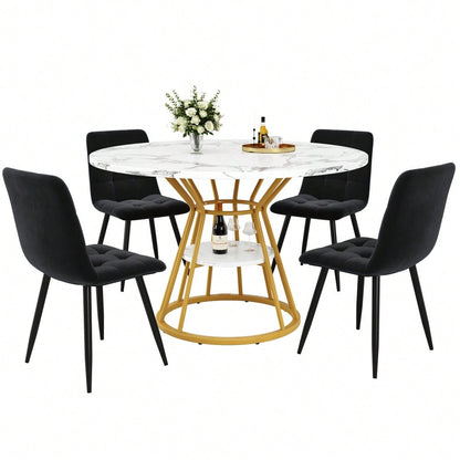 5-teiliges Esstisch-Set mit Marmortisch & Samtstühlen | Tisch 100x76 cm (Ø100 cm) inkl. 4 Stühle | Komplettset für 4 Personen in Schwarz
