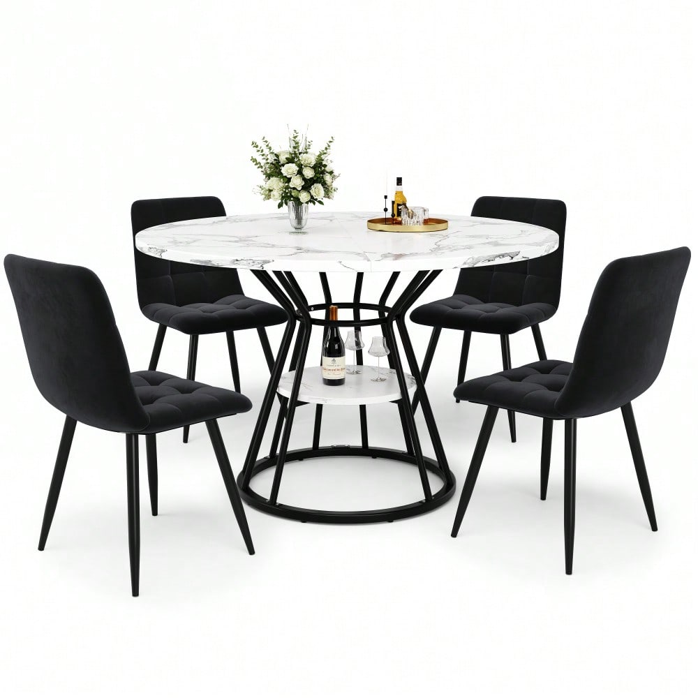 5-teiliges Esstisch-Set mit Marmortisch & Samtstühlen | Tisch 100x76 cm (Ø100 cm) inkl. 4 Stühle | Komplettset für 4 Personen in Schwarz