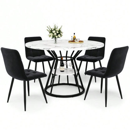 5-teiliges Esstisch-Set mit Marmortisch & Samtstühlen | Tisch 100x76 cm (Ø100 cm) inkl. 4 Stühle | Komplettset für 4 Personen in Schwarz