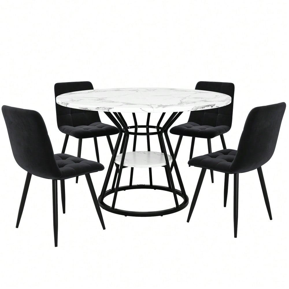 5-teiliges Esstisch-Set mit Marmortisch & Samtstühlen | Tisch 100x76 cm (Ø100 cm) inkl. 4 Stühle | Komplettset für 4 Personen in Schwarz