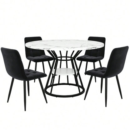 5-teiliges Esstisch-Set mit Marmortisch & Samtstühlen | Tisch 100x76 cm (Ø100 cm) inkl. 4 Stühle | Komplettset für 4 Personen in Schwarz