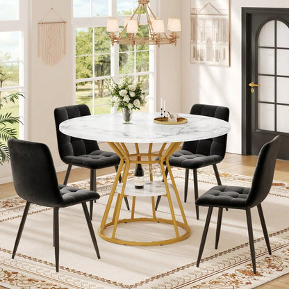 5-teiliges Esstisch-Set mit Marmortisch & Samtstühlen | Tisch 100x76 cm (Ø100 cm) inkl. 4 Stühle | Komplettset für 4 Personen in Schwarz