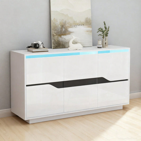 Weiß/Schwarzes Sideboard mit LED-Beleuchtung | 3-türige Anrichte 140x40x76 cm mit verstellbaren Fächern & grifflosen Schubladen | Hochglanz Kommode für Wohnzimmer