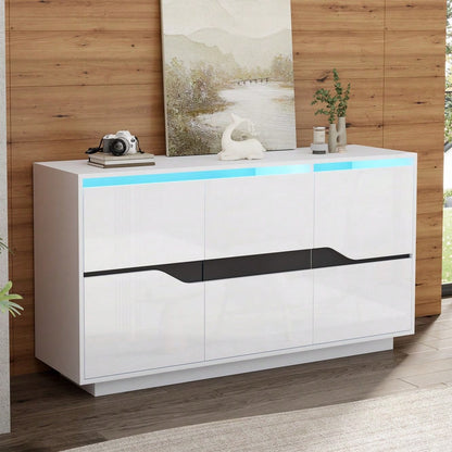 Weiß/Schwarzes Sideboard mit LED-Beleuchtung | 3-türige Anrichte 140x40x76 cm mit verstellbaren Fächern & grifflosen Schubladen | Hochglanz Kommode für Wohnzimmer