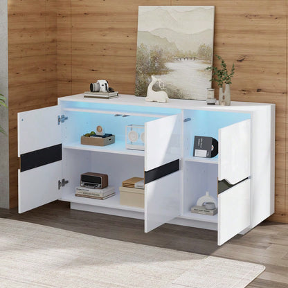 Weiß/Schwarzes Sideboard mit LED-Beleuchtung | 3-türige Anrichte 140x40x76 cm mit verstellbaren Fächern & grifflosen Schubladen | Hochglanz Kommode für Wohnzimmer