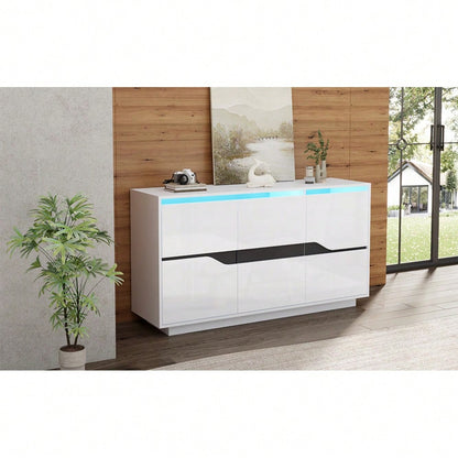 Weiß/Schwarzes Sideboard mit LED-Beleuchtung | 3-türige Anrichte 140x40x76 cm mit verstellbaren Fächern & grifflosen Schubladen | Hochglanz Kommode für Wohnzimmer