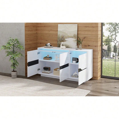 Weiß/Schwarzes Sideboard mit LED-Beleuchtung | 3-türige Anrichte 140x40x76 cm mit verstellbaren Fächern & grifflosen Schubladen | Hochglanz Kommode für Wohnzimmer