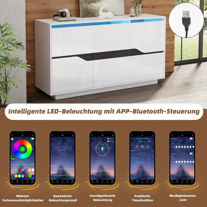 Weiß/Schwarzes Sideboard mit LED-Beleuchtung | 3-türige Anrichte 140x40x76 cm mit verstellbaren Fächern & grifflosen Schubladen | Hochglanz Kommode für Wohnzimmer