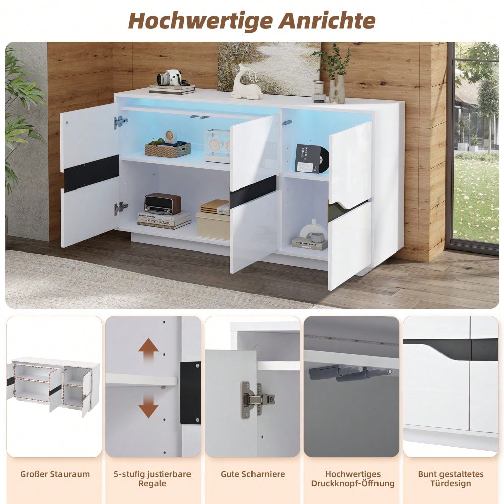Weiß/Schwarzes Sideboard mit LED-Beleuchtung | 3-türige Anrichte 140x40x76 cm mit verstellbaren Fächern & grifflosen Schubladen | Hochglanz Kommode für Wohnzimmer
