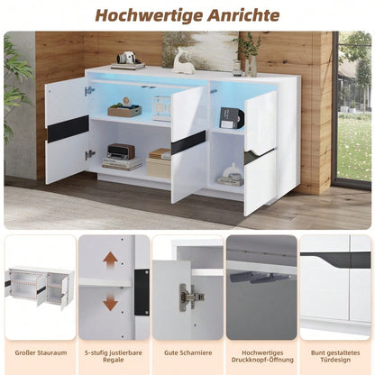 Weiß/Schwarzes Sideboard mit LED-Beleuchtung | 3-türige Anrichte 140x40x76 cm mit verstellbaren Fächern & grifflosen Schubladen | Hochglanz Kommode für Wohnzimmer
