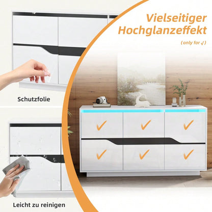 Weiß/Schwarzes Sideboard mit LED-Beleuchtung | 3-türige Anrichte 140x40x76 cm mit verstellbaren Fächern & grifflosen Schubladen | Hochglanz Kommode für Wohnzimmer