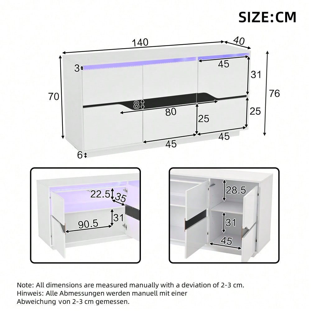 Weiß/Schwarzes Sideboard mit LED-Beleuchtung | 3-türige Anrichte 140x40x76 cm mit verstellbaren Fächern & grifflosen Schubladen | Hochglanz Kommode für Wohnzimmer