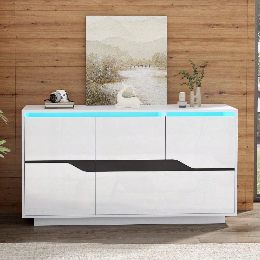 Weiß/Schwarzes Sideboard mit LED-Beleuchtung | 3-türige Anrichte 140x40x76 cm mit verstellbaren Fächern & grifflosen Schubladen | Hochglanz Kommode für Wohnzimmer