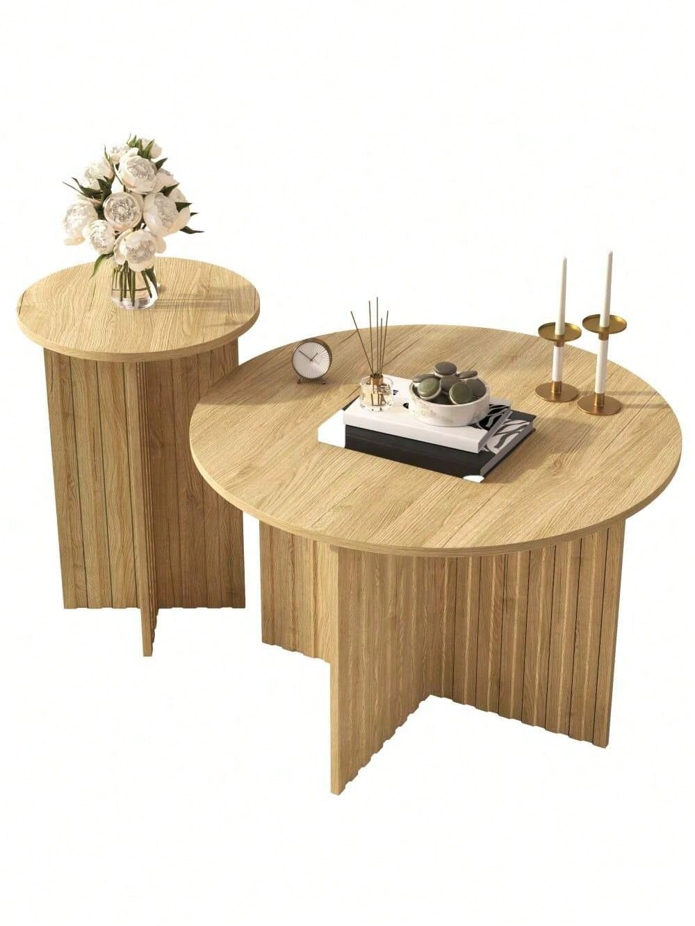 Modernes 2-teiliges Holz-Nest-Tisch-Set – Runde Couchtische & Kaffeetische im skandinavischen Design, platzsparend & vielseitig, stabile MDF/ PB Bauweise