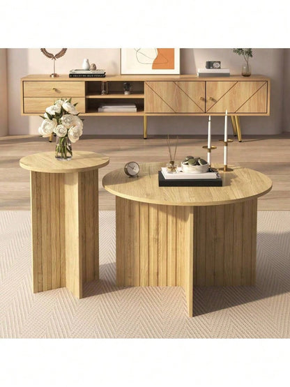 Modernes 2-teiliges Holz-Nest-Tisch-Set – Runde Couchtische & Kaffeetische im skandinavischen Design, platzsparend & vielseitig, stabile MDF/ PB Bauweise