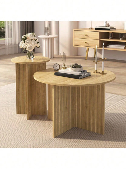 Modernes 2-teiliges Holz-Nest-Tisch-Set – Runde Couchtische & Kaffeetische im skandinavischen Design, platzsparend & vielseitig, stabile MDF/ PB Bauweise