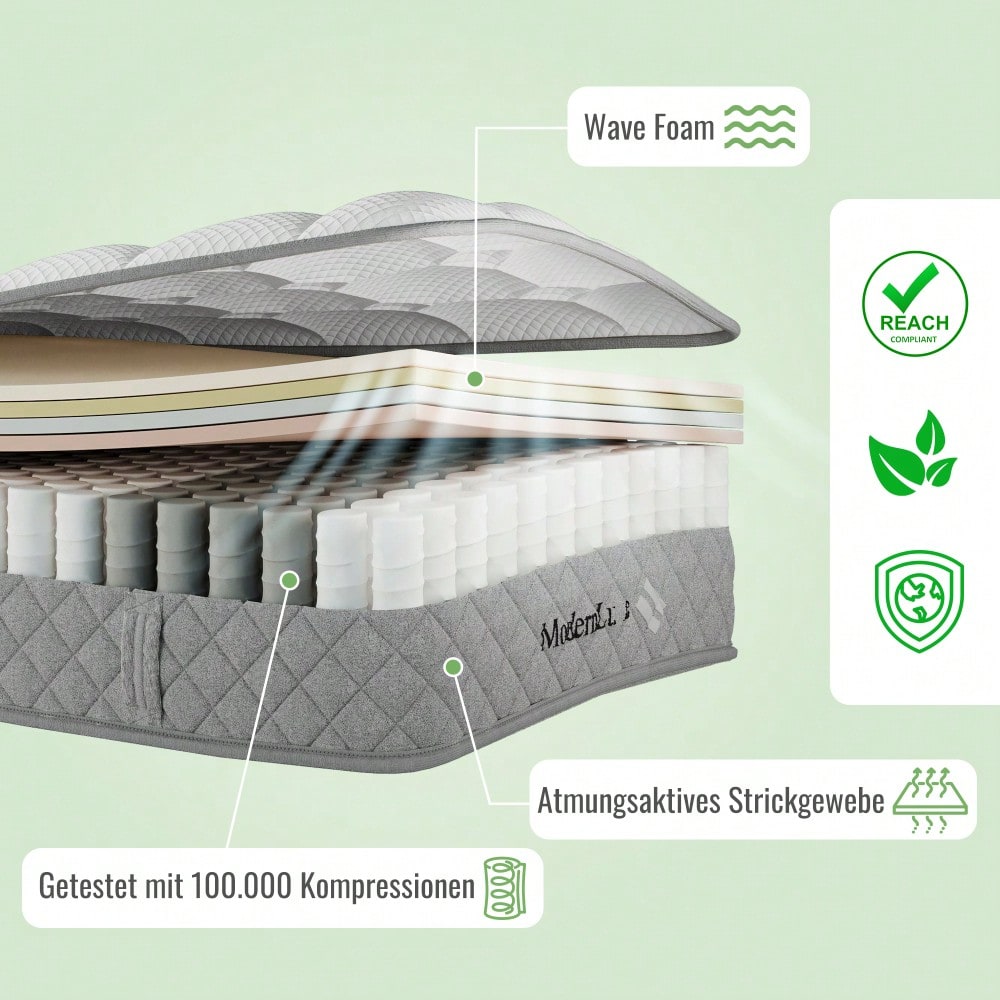OEKO-TEX® Orthopädische Kaltschaummatratze 90x200 cm H3 | 7-Zonen-Taschenfederkern für punktgenaue Unterstützung | 20 cm Höhe, mittelfest & vakuumverpackt