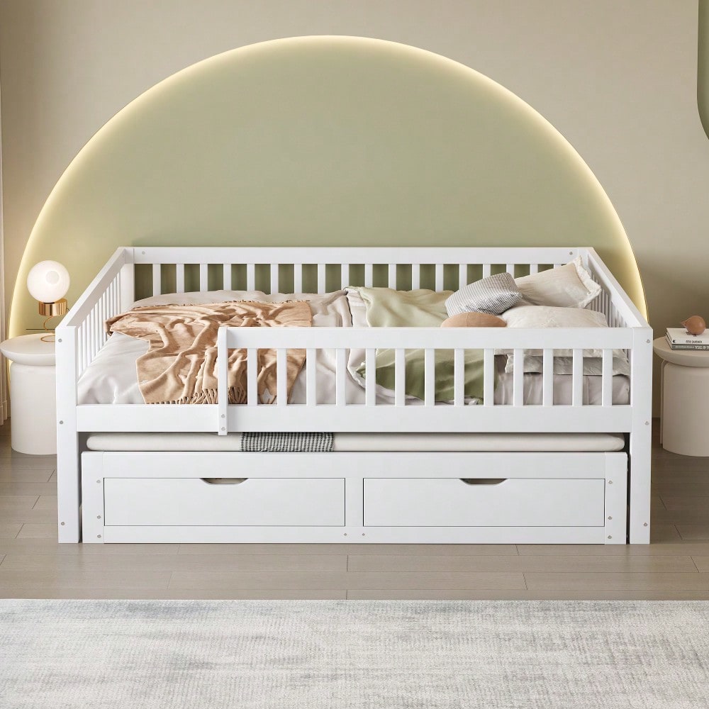 Massivholz-Schlafsofa 140x200 cm mit Sicherheitsgitter & 2 Schubladen | Ausziehbares Gästebett mit Lattenrost | Für Kinder, Jugendliche & Erwachsene in Weiß
