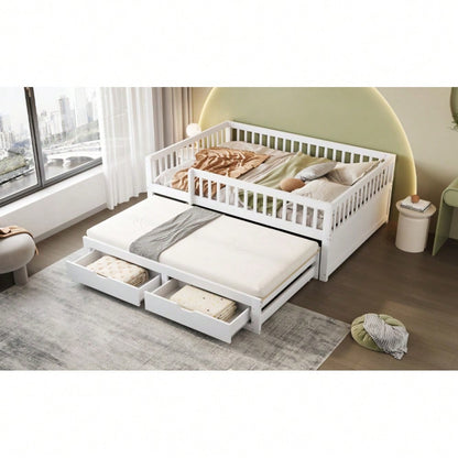 Massivholz-Schlafsofa 140x200 cm mit Sicherheitsgitter & 2 Schubladen | Ausziehbares Gästebett mit Lattenrost | Für Kinder, Jugendliche & Erwachsene in Weiß