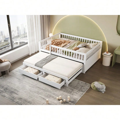 Massivholz-Schlafsofa 140x200 cm mit Sicherheitsgitter & 2 Schubladen | Ausziehbares Gästebett mit Lattenrost | Für Kinder, Jugendliche & Erwachsene in Weiß
