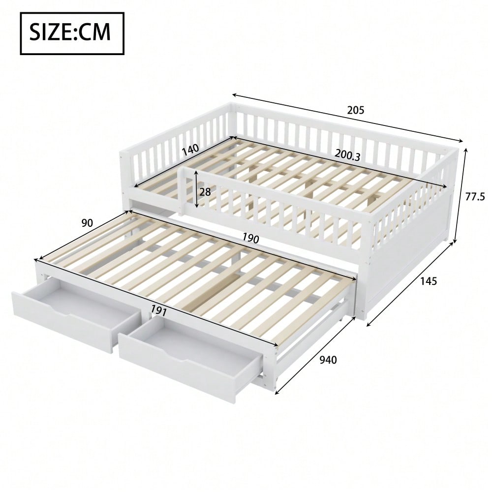 Massivholz-Schlafsofa 140x200 cm mit Sicherheitsgitter & 2 Schubladen | Ausziehbares Gästebett mit Lattenrost | Für Kinder, Jugendliche & Erwachsene in Weiß