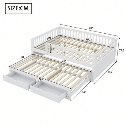 Massivholz-Schlafsofa 140x200 cm mit Sicherheitsgitter & 2 Schubladen | Ausziehbares Gästebett mit Lattenrost | Für Kinder, Jugendliche & Erwachsene in Weiß