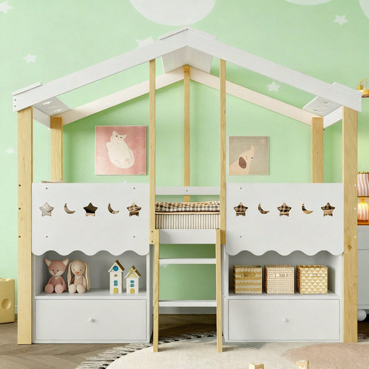 Halbhohes Hochbett 90x200cm im Haus-Design mit LED-Beleuchtung | 2 große Schubladen & integrierte Beleuchtung | Kinderbett in Weiß/Natur ohne Matratze