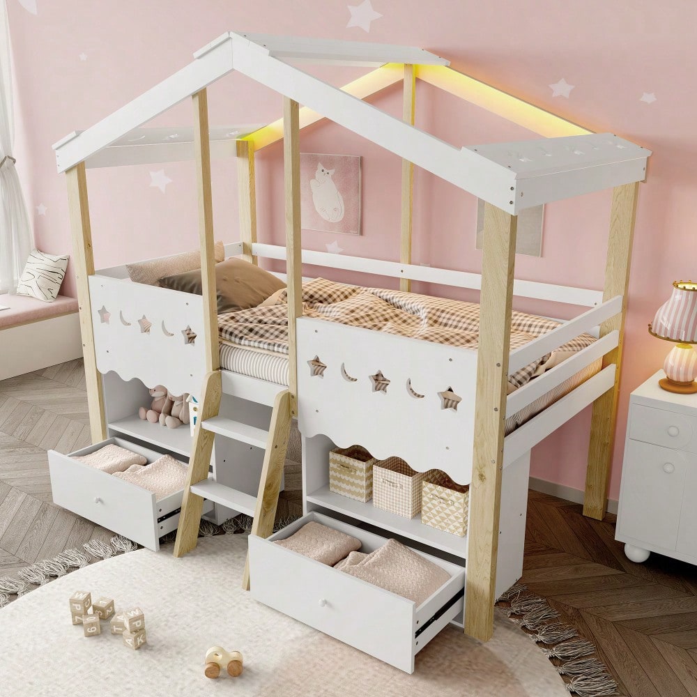 Halbhohes Hochbett 90x200cm im Haus-Design mit LED-Beleuchtung | 2 große Schubladen & integrierte Beleuchtung | Kinderbett in Weiß/Natur ohne Matratze