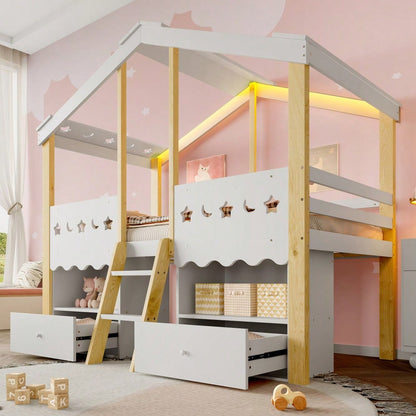 Halbhohes Hochbett 90x200cm im Haus-Design mit LED-Beleuchtung | 2 große Schubladen & integrierte Beleuchtung | Kinderbett in Weiß/Natur ohne Matratze